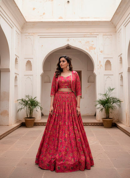 Traditional Red Tasar Silk Floral Print & Gota Patti Lehenga Choli Set