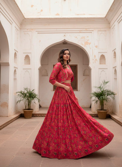 Traditional Red Tasar Silk Floral Print & Gota Patti Lehenga Choli Set