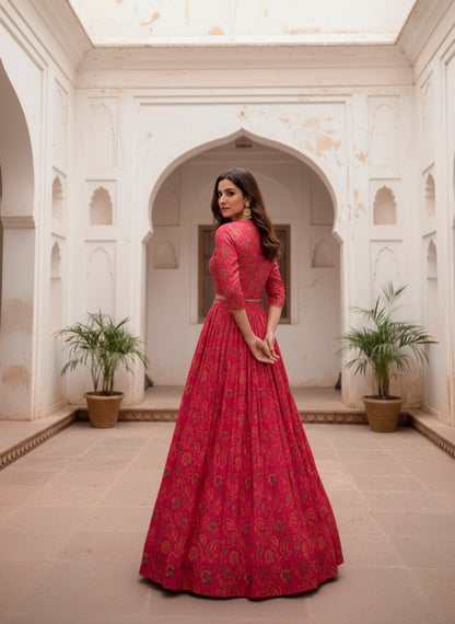 Traditional Red Tasar Silk Floral Print & Gota Patti Lehenga Choli Set