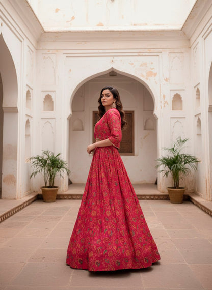 Traditional Red Tasar Silk Floral Print & Gota Patti Lehenga Choli Set
