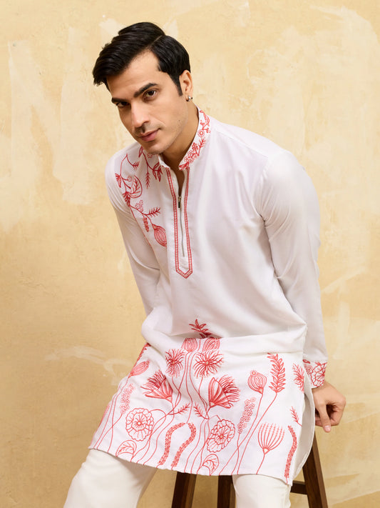Luxury White Khadi Silk Kurta with Red Thread Work