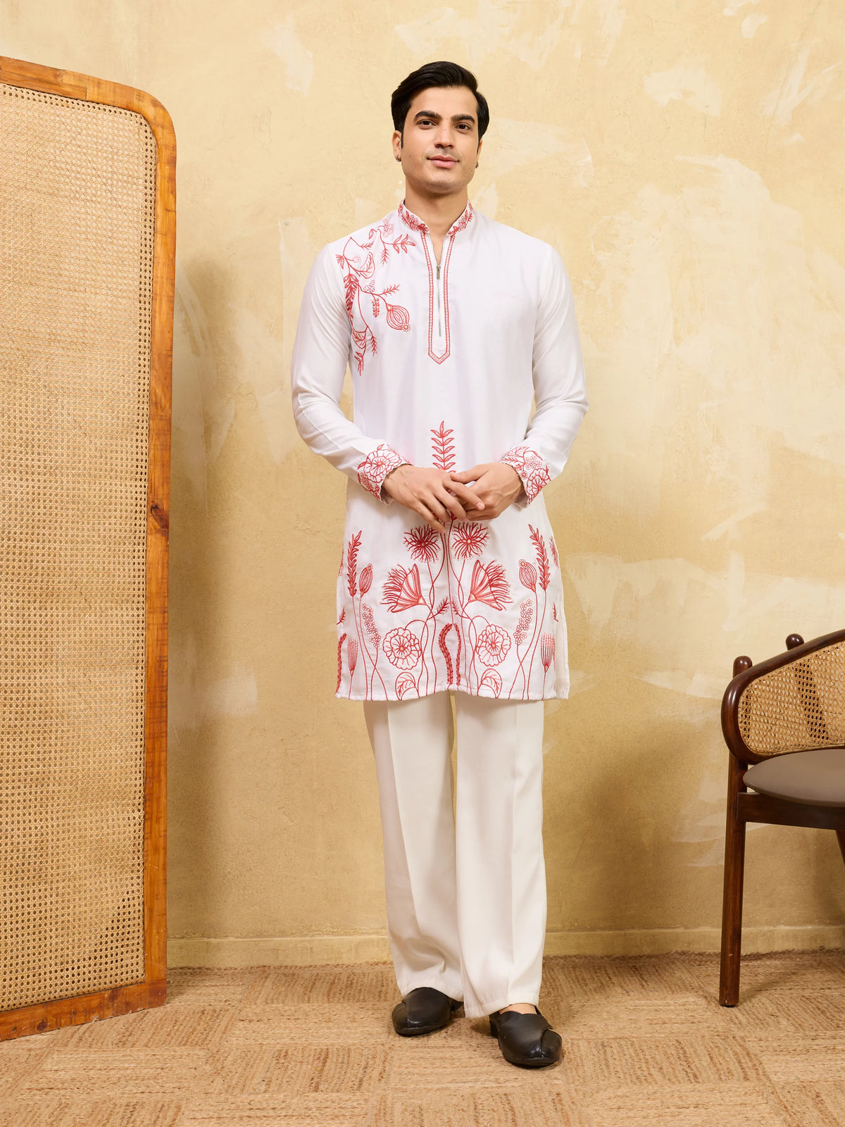 Luxury White Khadi Silk Kurta with Red Thread Work