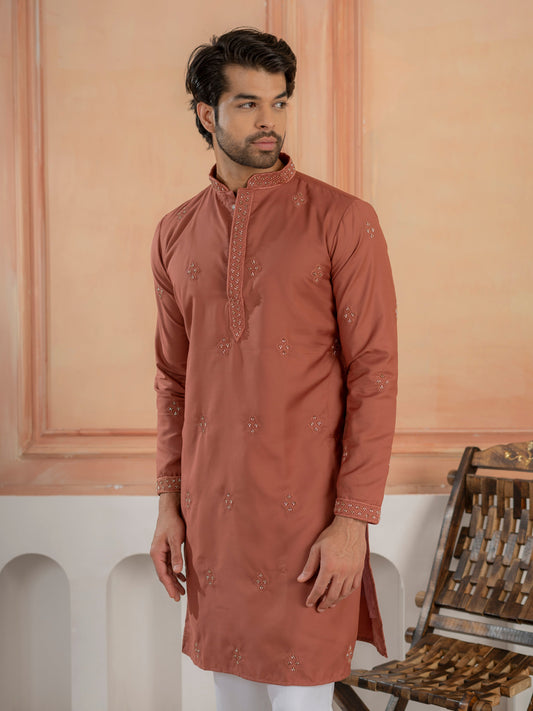 Rust Orange Festive Wear Soft Cotton Val-Moti Butta Work Kurta Set