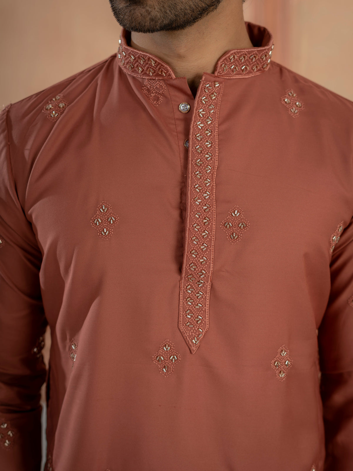 Rust Orange Festive Wear Soft Cotton Val-Moti Butta Work Kurta Set