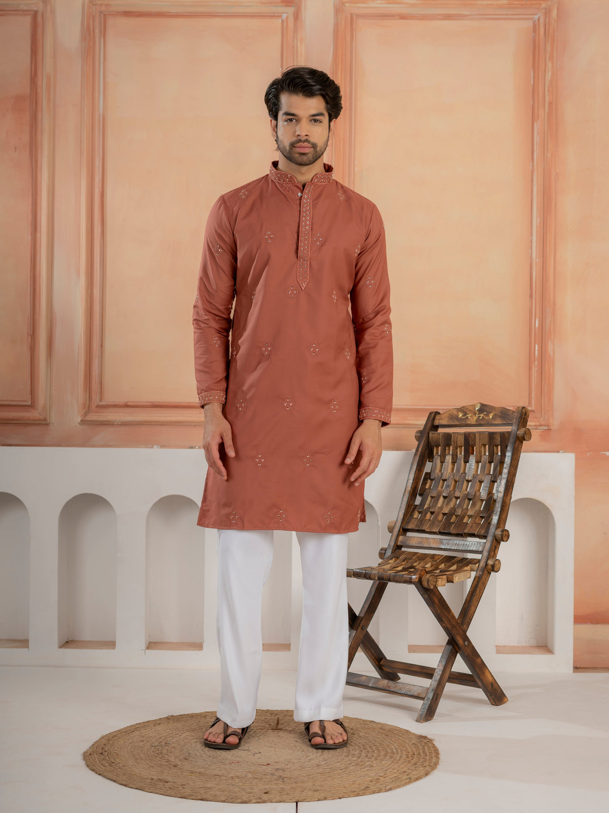 Rust Orange Festive Wear Soft Cotton Val-Moti Butta Work Kurta Set