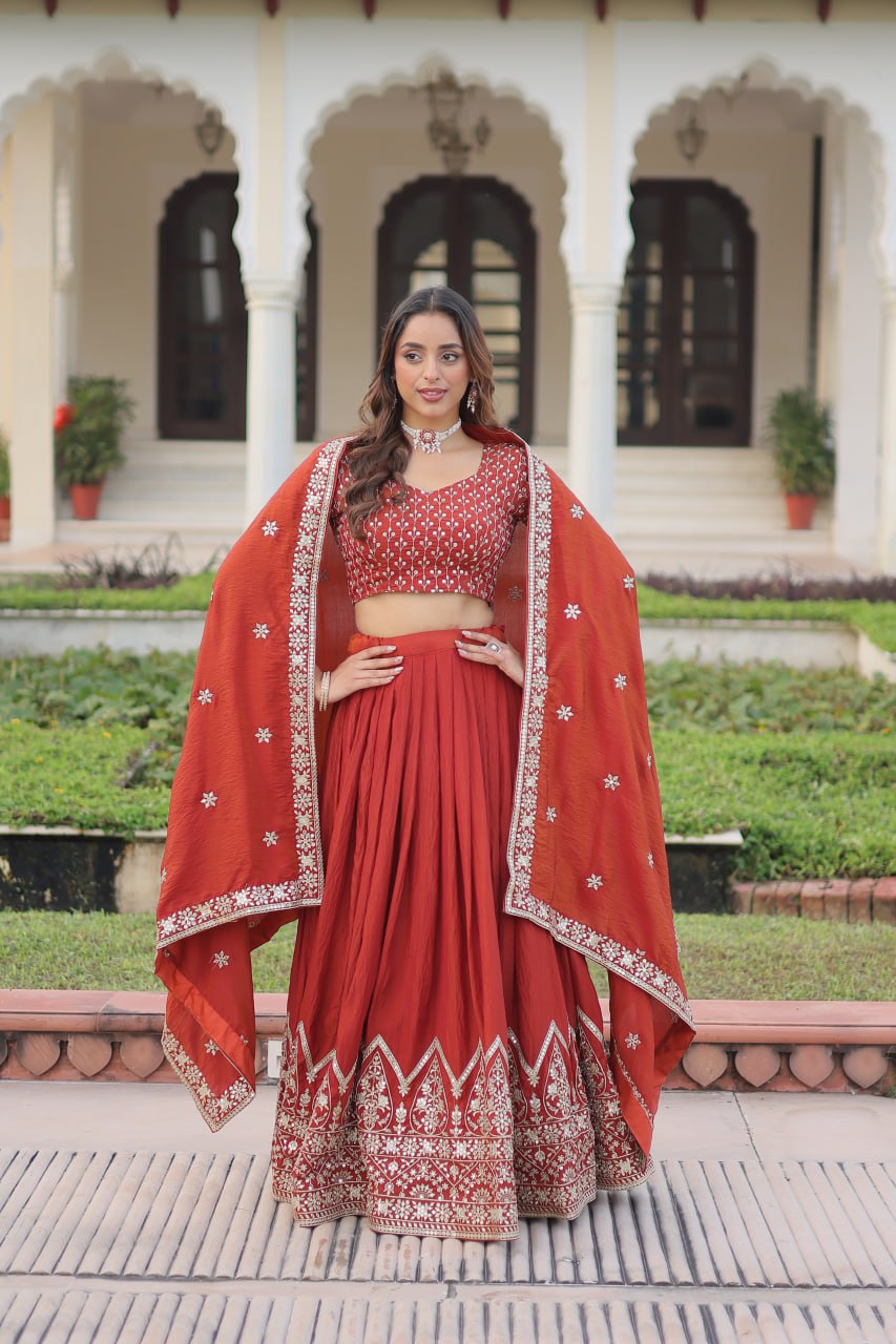 Rust Orange Embroidered Vichitra Silk Lehenga Choli with Dupatta