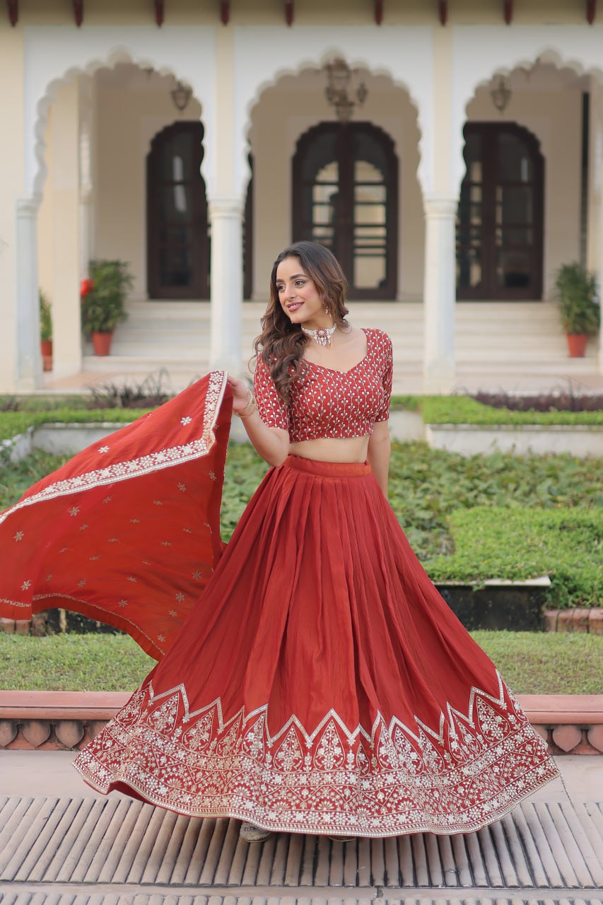 Rust Orange Embroidered Vichitra Silk Lehenga Choli with Dupatta