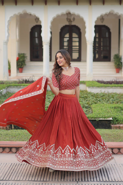 Rust Orange Embroidered Vichitra Silk Lehenga Choli with Dupatta
