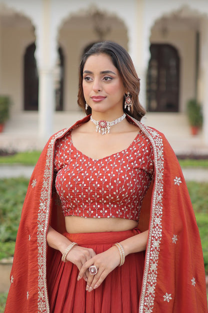 Rust Orange Embroidered Vichitra Silk Lehenga Choli with Dupatta