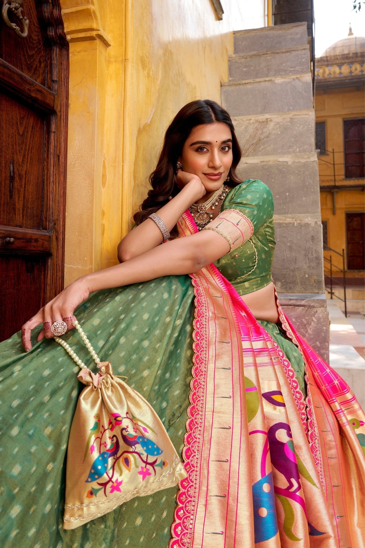 Designer Shimmer Organza Lehenga Set With Intricate Zari Weaving