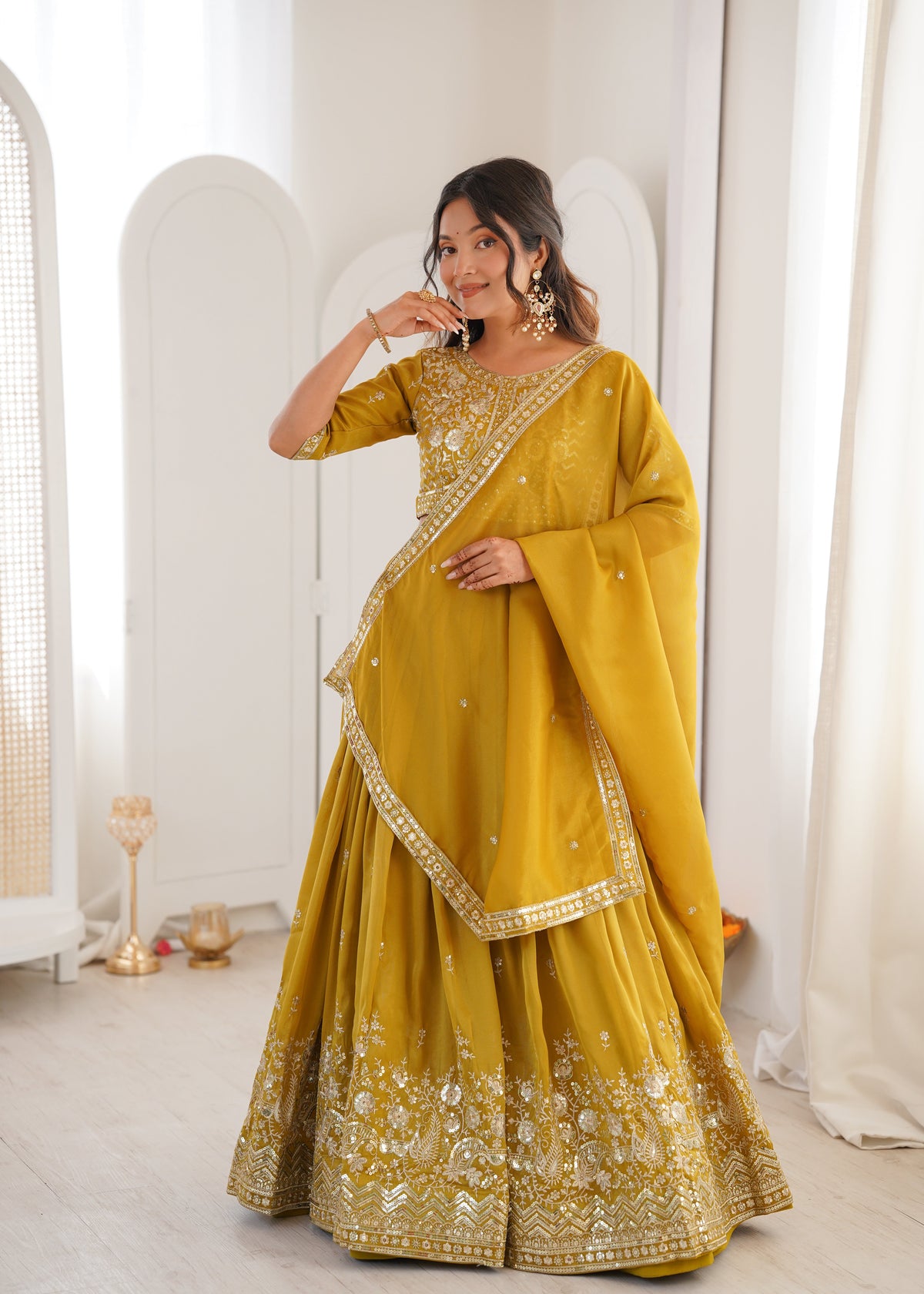 Ethnic Yellow Shimmer Silk Thread Sequence Work Lehenga Choli Set