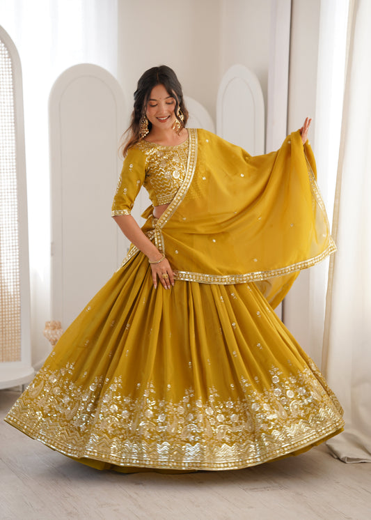 Ethnic Yellow Shimmer Silk Thread Sequence Work Lehenga Choli Set