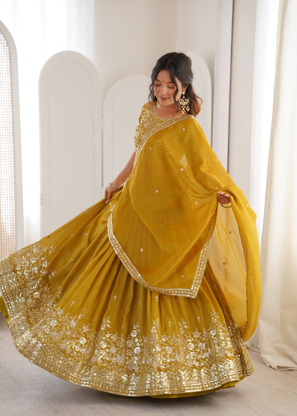 Ethnic Yellow Shimmer Silk Thread Sequence Work Lehenga Choli Set