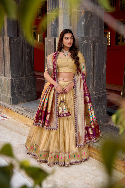 Elegant Simmer Organza Zari Work Lehenga Set With Batwa For Women 