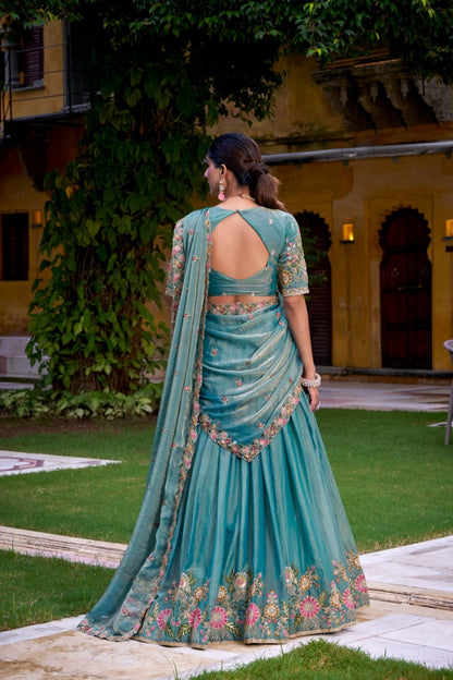 Pastel Floral Zari Shimmer Sky Blue Wedding Lehenga Choli
