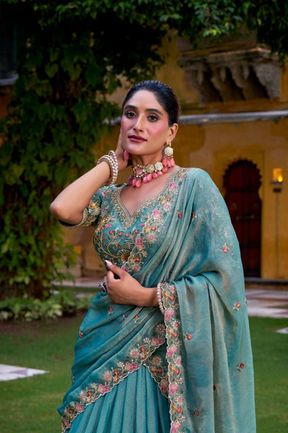 Pastel Floral Zari Shimmer Sky Blue Wedding Lehenga Choli