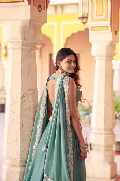 Sky Blue Rangoli Silk Thread Embroidery Lehenga Choli Set for Women