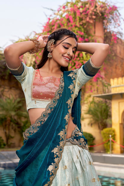 Traditional Sky Blue Slub Kota Zari Woven Lehenga with NC Moss Dupatta