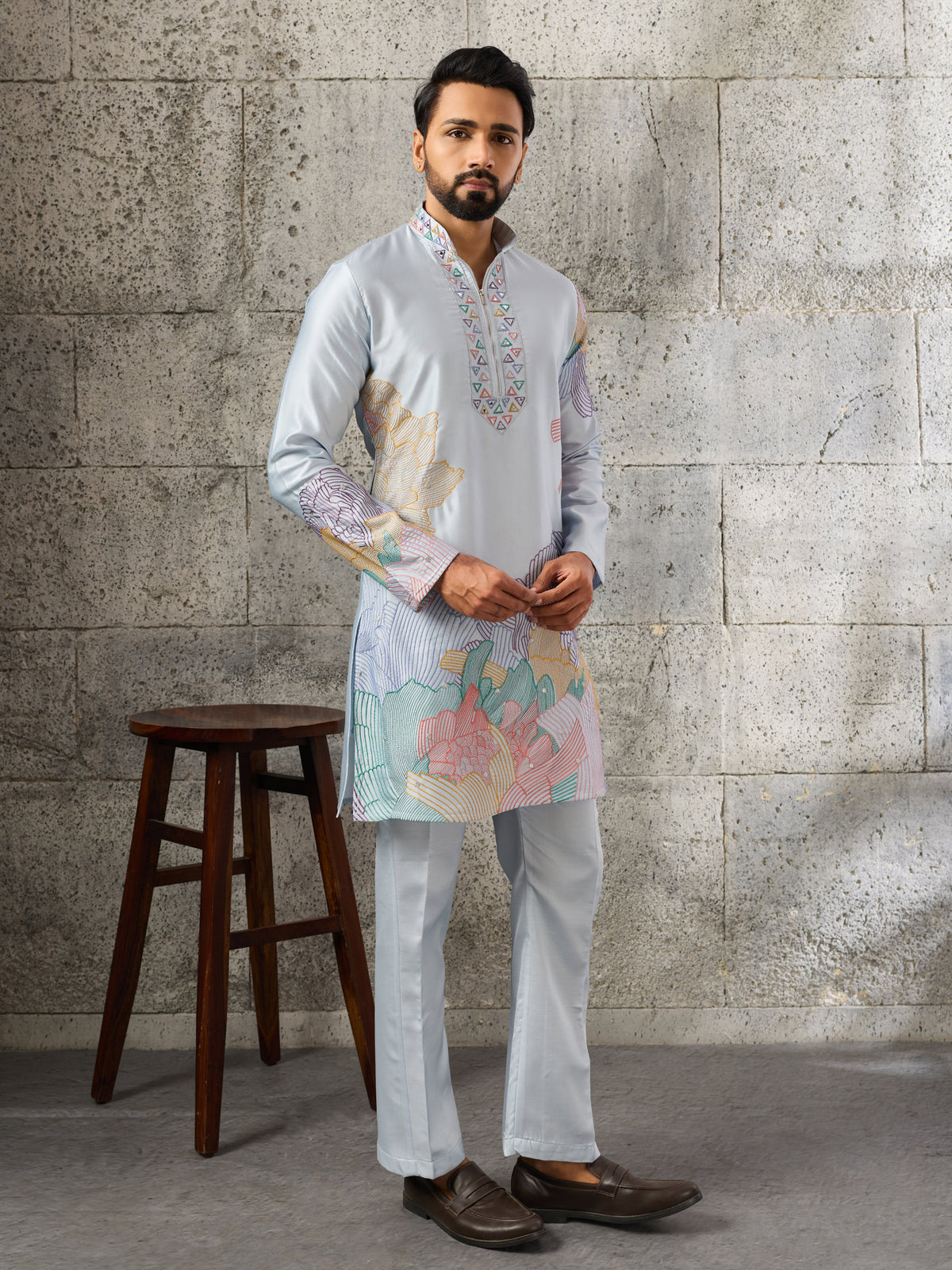 Radiant Sky Blue Soft Silk Sequence Embroidered Kurta For Men