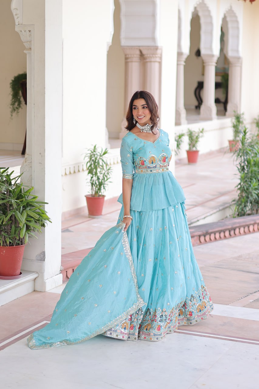Sky Premium Sequins Embroidered Readymade Lehenga Choli With Dupatta