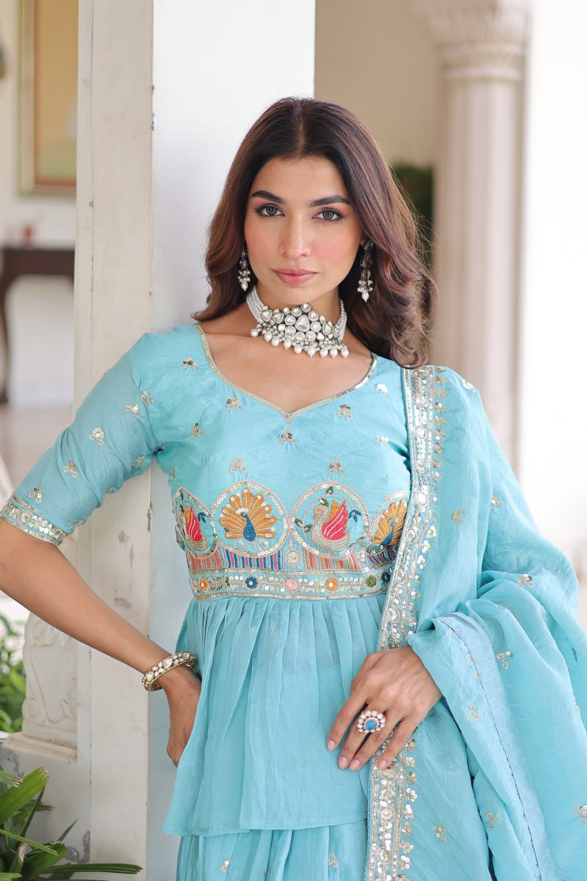 Sky Premium Sequins Embroidered Readymade Lehenga Choli With Dupatta