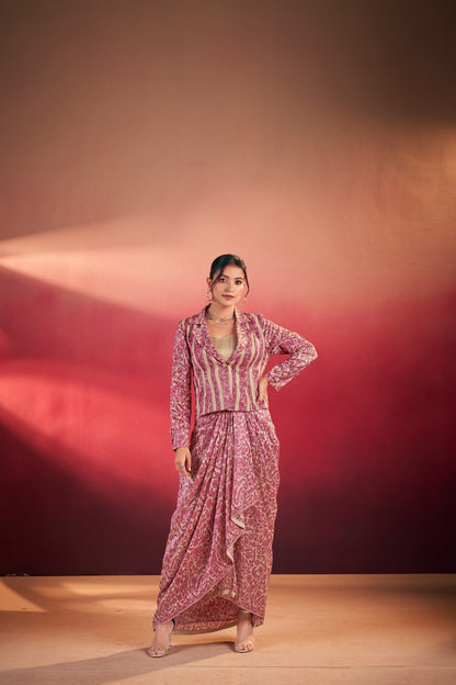 Stylish Tasar Silk Printed Top & Bottom Set With Blouse 