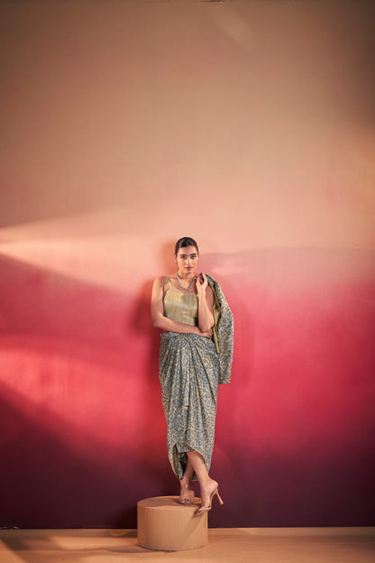 Stylish Tasar Silk Printed Top & Bottom Set With Blouse 