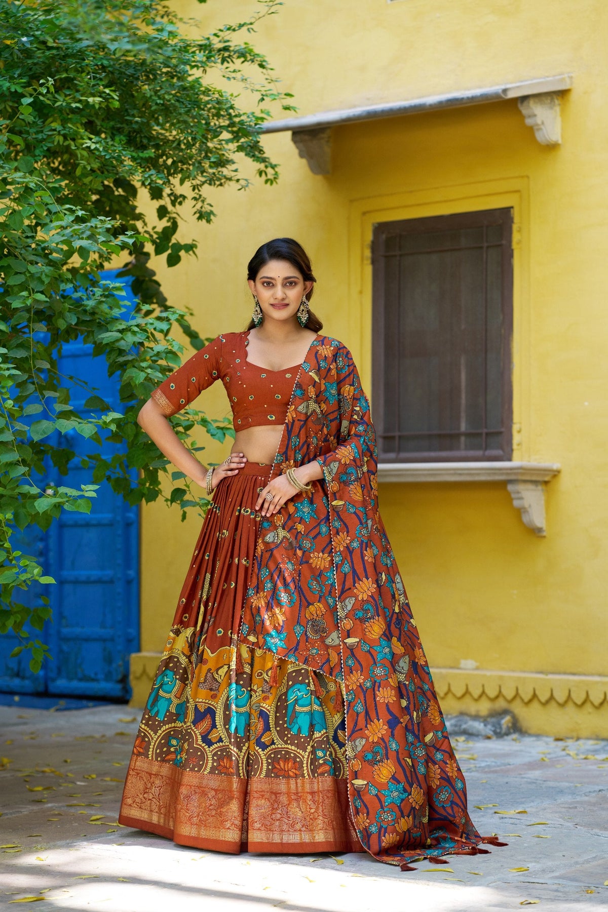 Traditional Tasar Silk Kalamkari Foil Work Lehenga Choli Set 