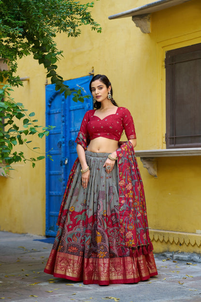 Traditional Tasar Silk Kalamkari Foil Work Lehenga Choli Set