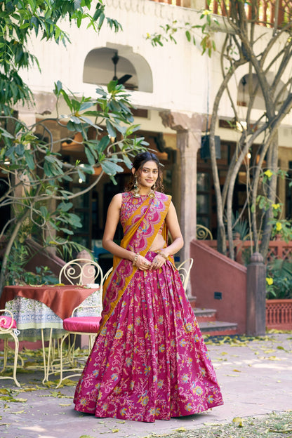 Designer Festive Tasar Silk Foil Printed Lehenga Choli Set For Women 