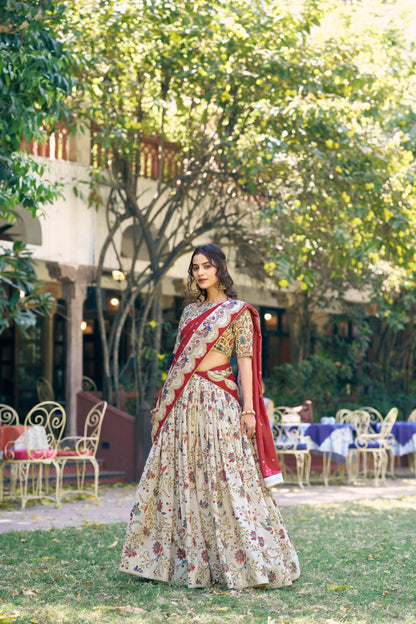Designer Festive Tasar Silk Foil Printed Lehenga Choli Set For Women