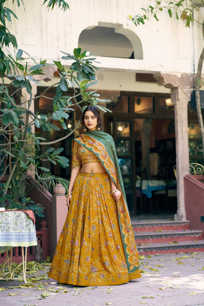 Designer Festive Tasar Silk Foil Printed Lehenga Choli Set For Women