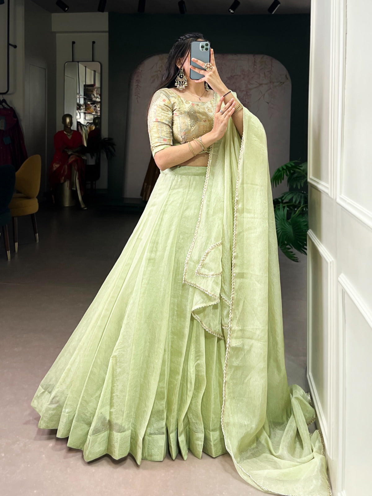 Elegant Tea-Shade Allen Crush Lehenga Choli Set With Dupatta