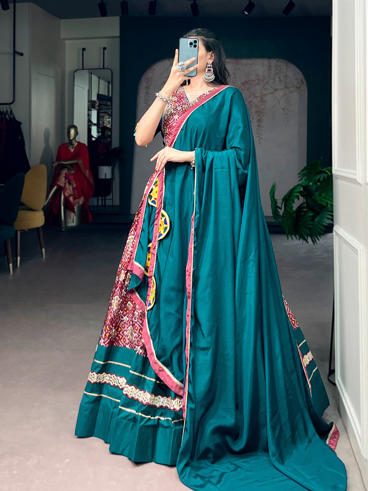 Designer Teal Blue Printed Tasar Silk Lehenga for Garba Nights