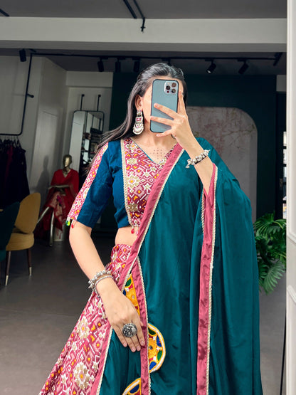 Designer Teal Blue Printed Tasar Silk Lehenga for Garba Nights