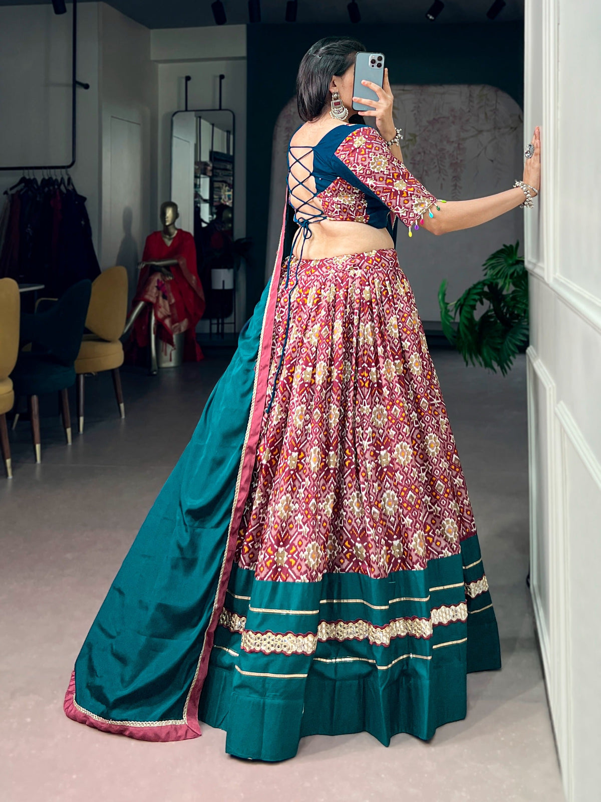 Designer Teal Blue Printed Tasar Silk Lehenga for Garba Nights