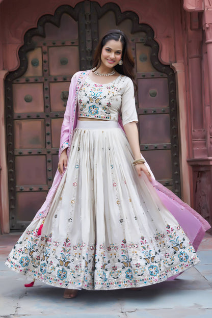 Stunning Pure Tissue Silk Embroidered Lehenga Choli Set With Pure Fendy Dupatta