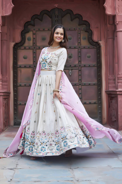 Stunning Pure Tissue Silk Embroidered Lehenga Choli Set With Pure Fendy Dupatta