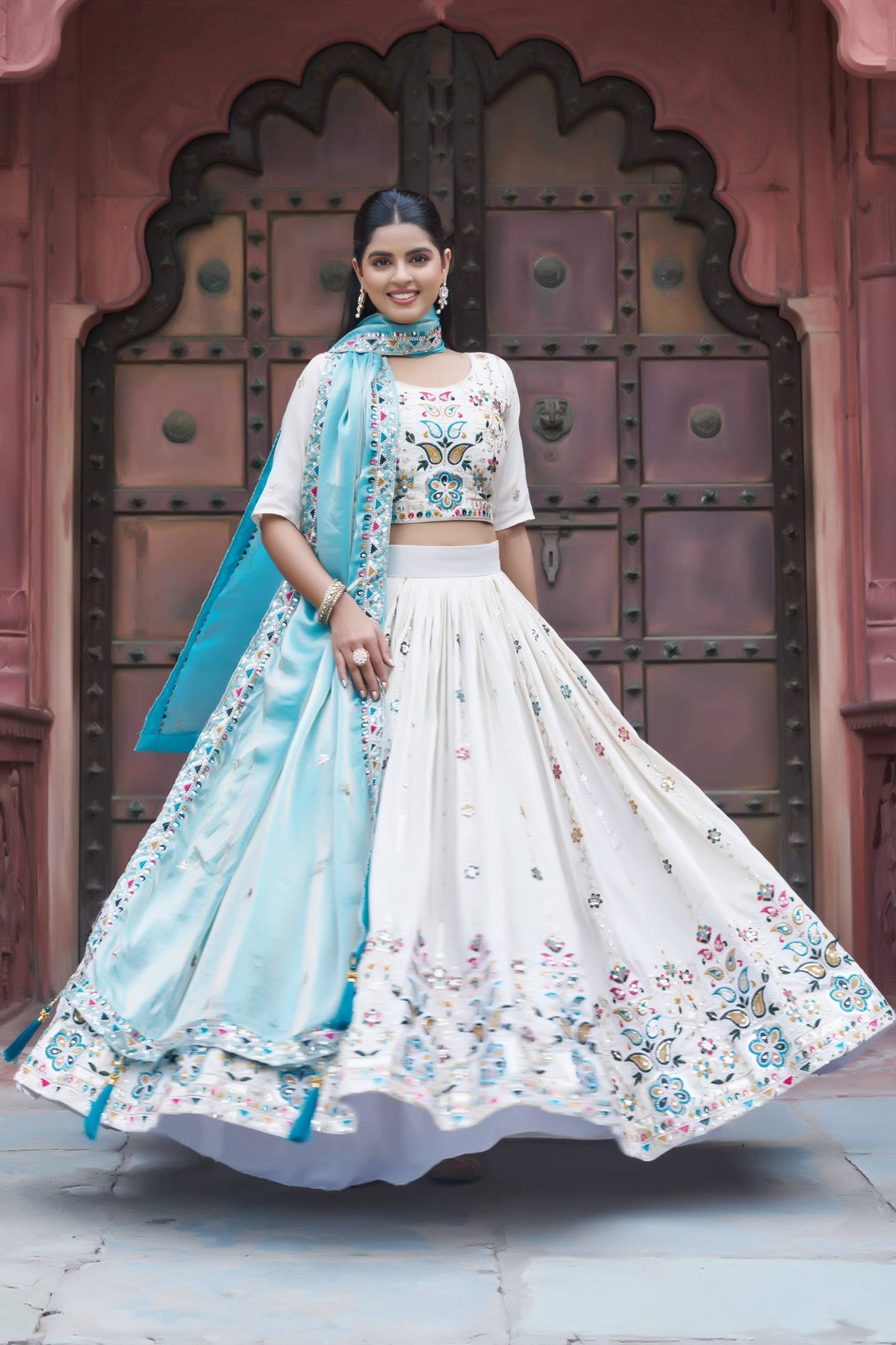 Stunning Pure Tissue Silk Embroidered Lehenga Choli Set With Pure Fendy Dupatta