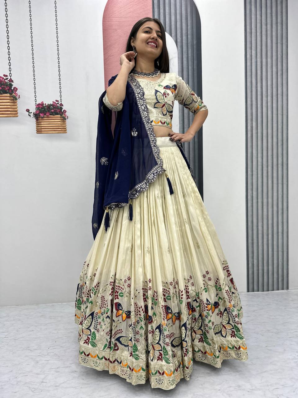 Premium Festive Wear Tissue Silk Embroidery Thread & Sequence Work Ready to Wear Lehenga Choli