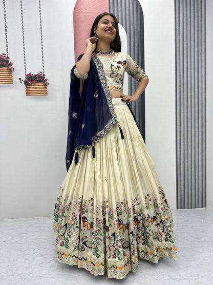Premium Festive Wear Tissue Silk Embroidery Thread & Sequence Work Ready to Wear Lehenga Choli