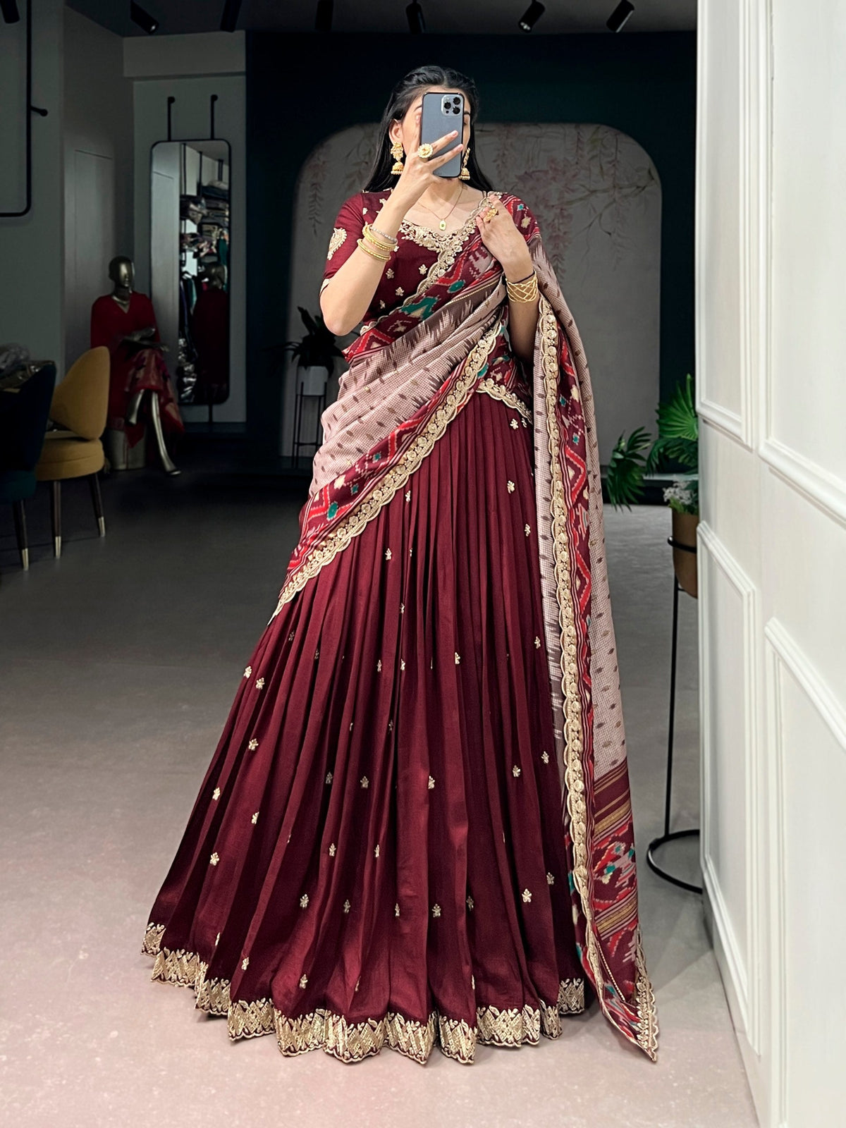 Traditional Vichitra Silk Sequins & Embroidered Lehenga Choli Set 
