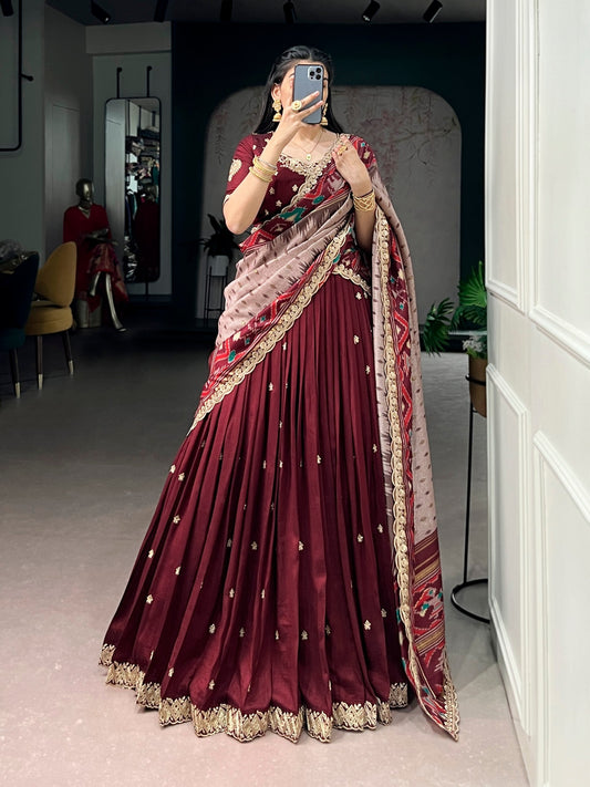 Traditional Vichitra Silk Sequins & Embroidered Lehenga Choli Set 