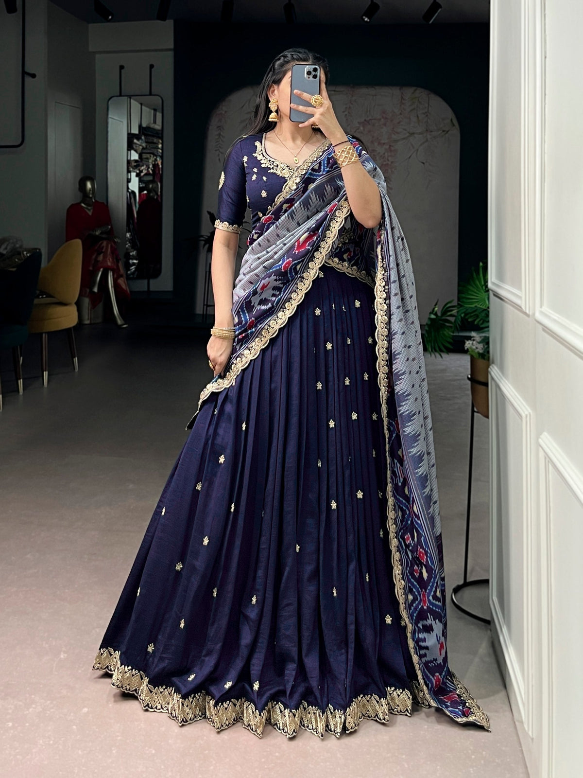 Traditional Vichitra Silk Sequins & Embroidered Lehenga Choli Set