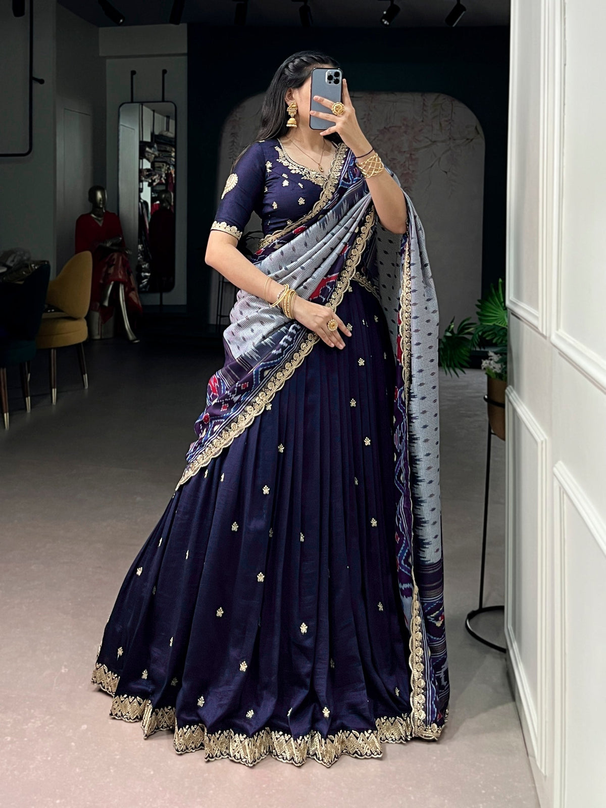 Traditional Vichitra Silk Sequins & Embroidered Lehenga Choli Set 