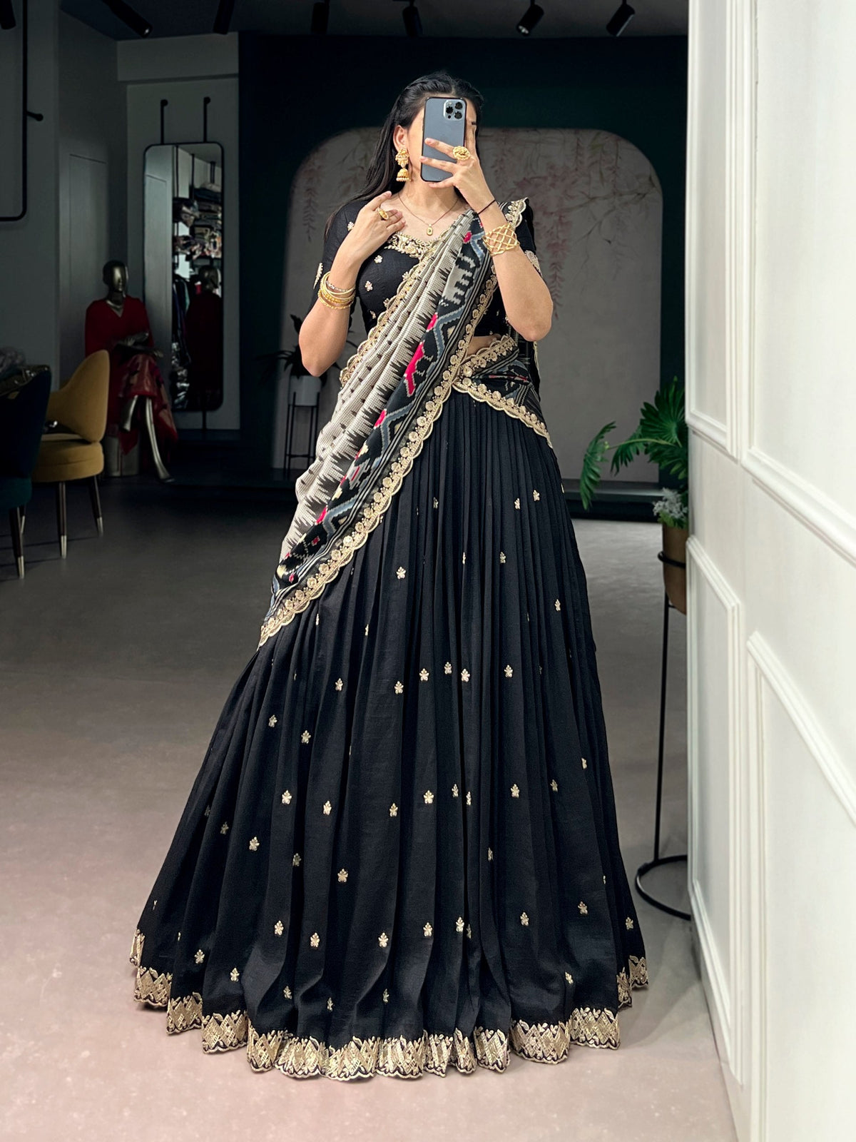 Traditional Vichitra Silk Sequins & Embroidered Lehenga Choli Set 