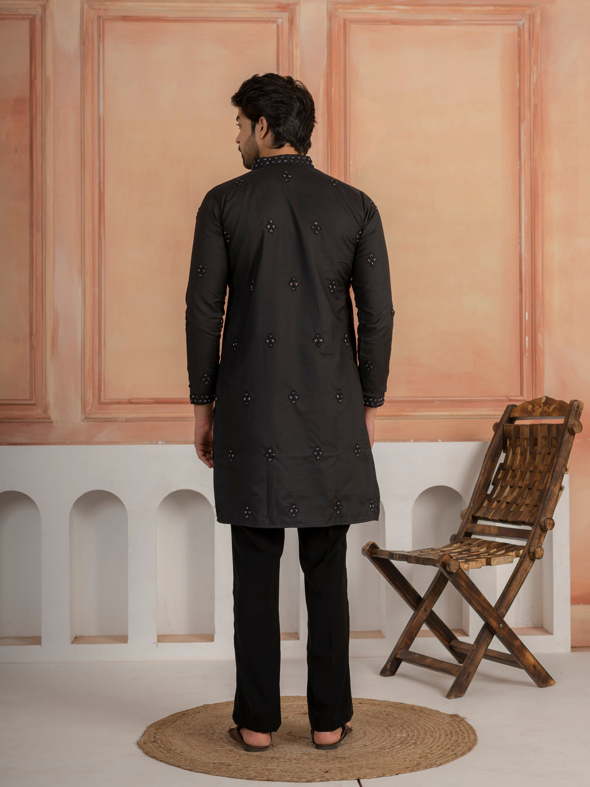 Ethnic Black Soft Cotton Val-Moti Butta Work Mens Kurta Set