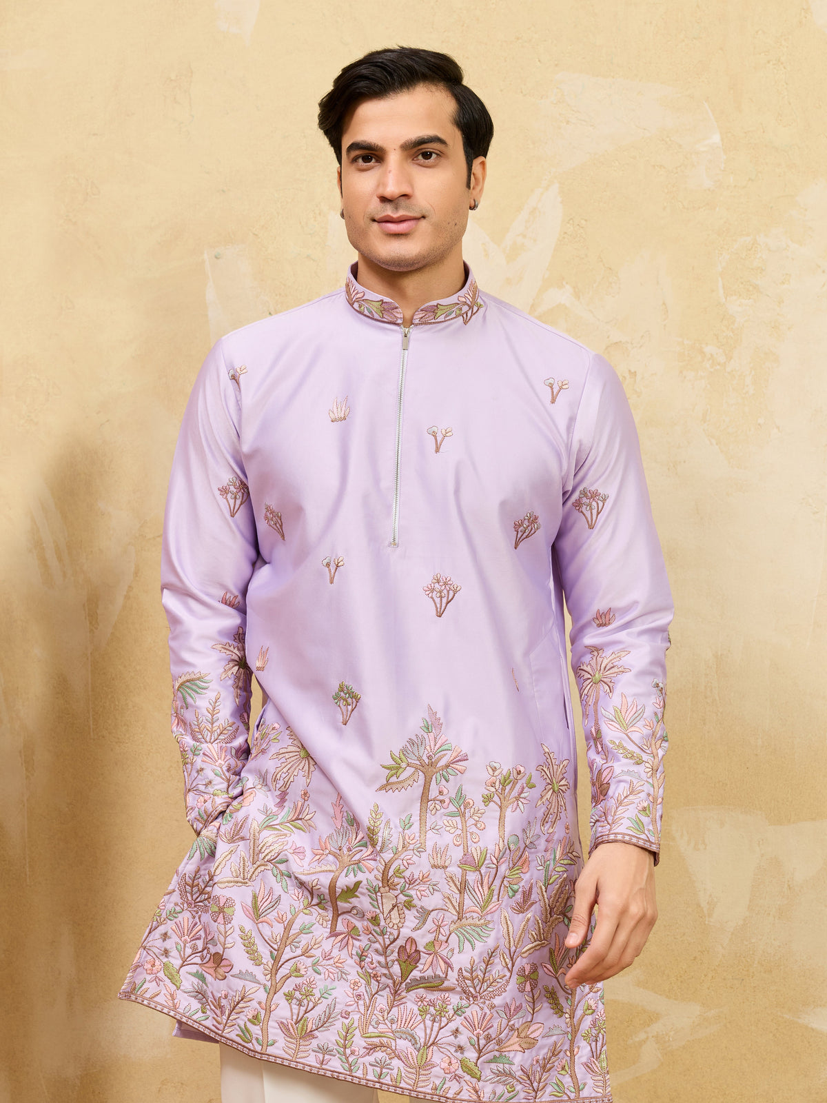Trendy Lavender Viscose Silk Thread Embroidery Kurta Set