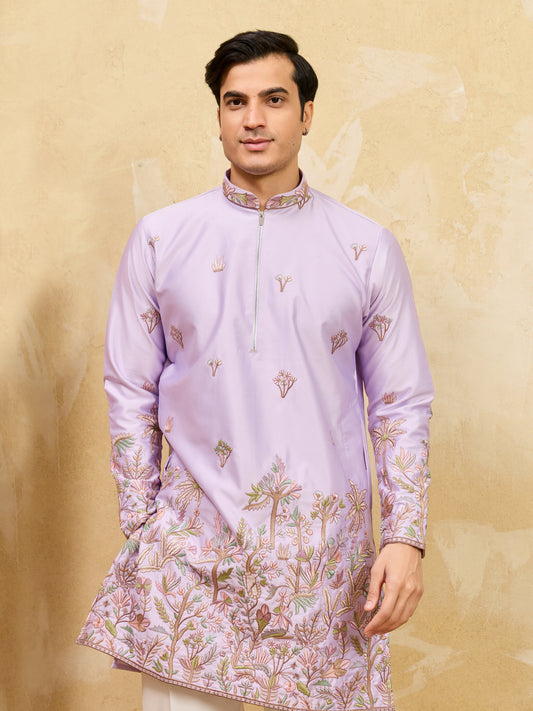 Trendy Lavender Viscose Silk Thread Embroidery Kurta Set