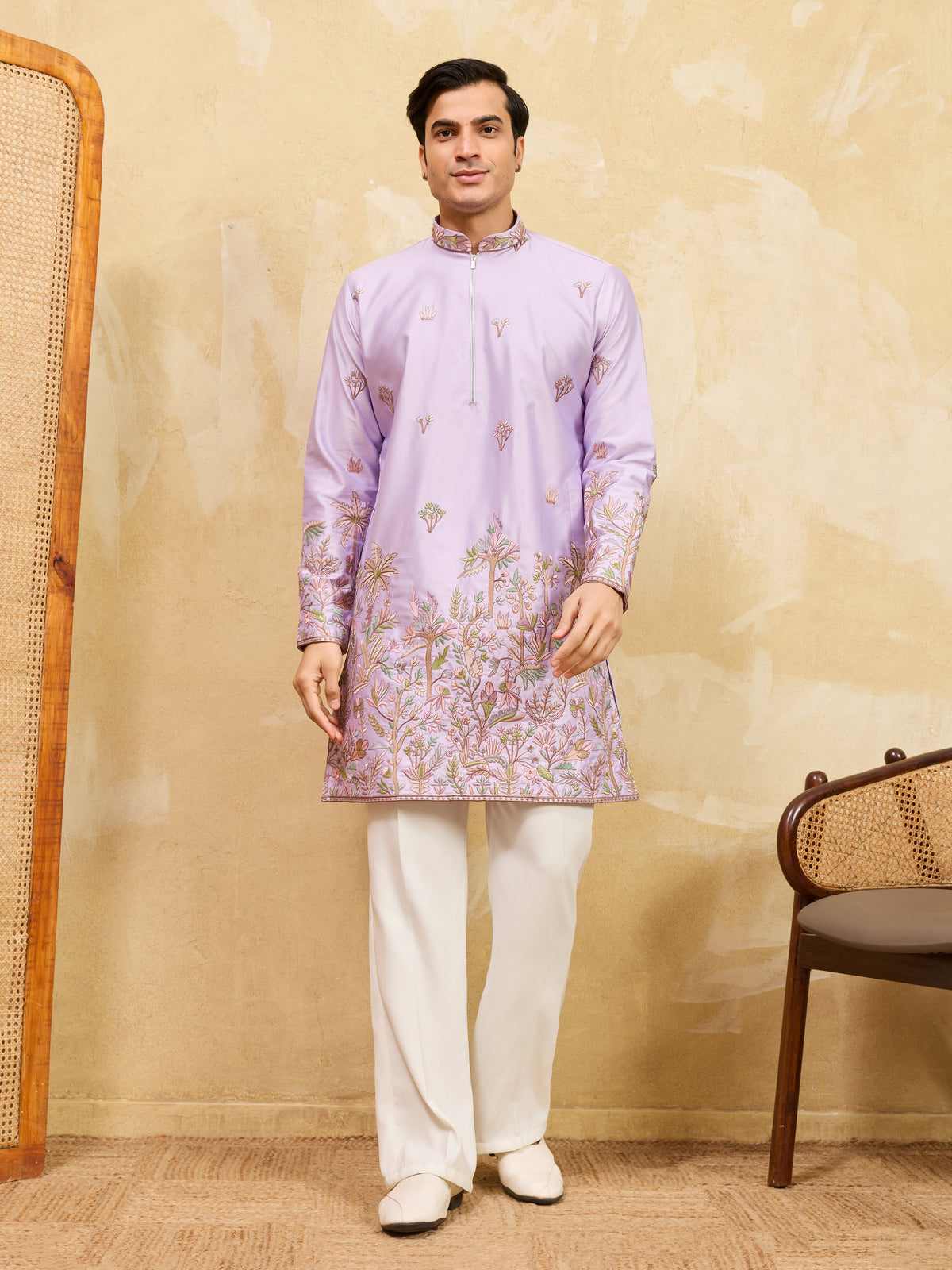 Trendy Lavender Viscose Silk Thread Embroidery Kurta Set